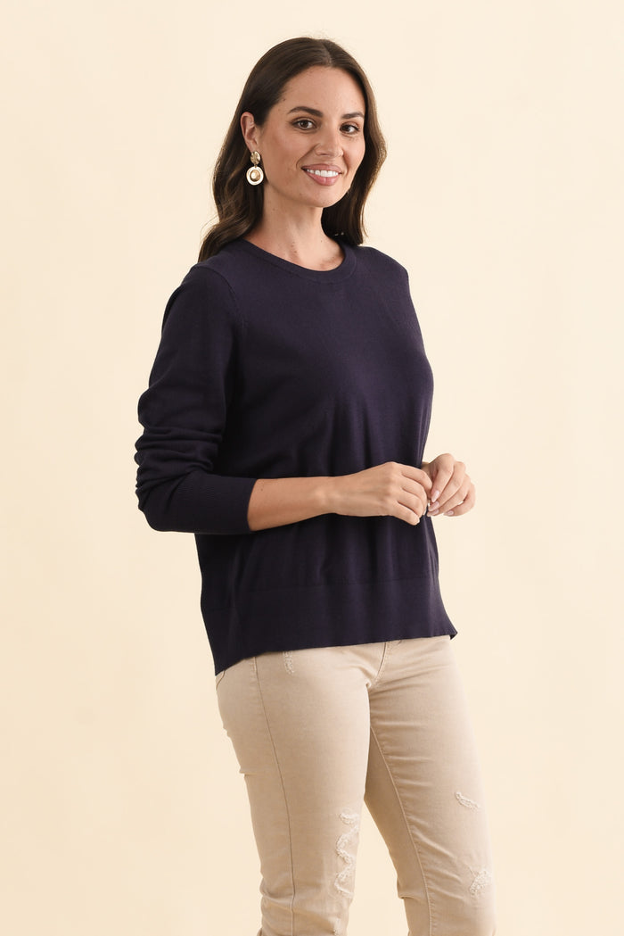 Sunny Navy Long Sleeve Knit Top,Brunette model,alt text|model:MJ