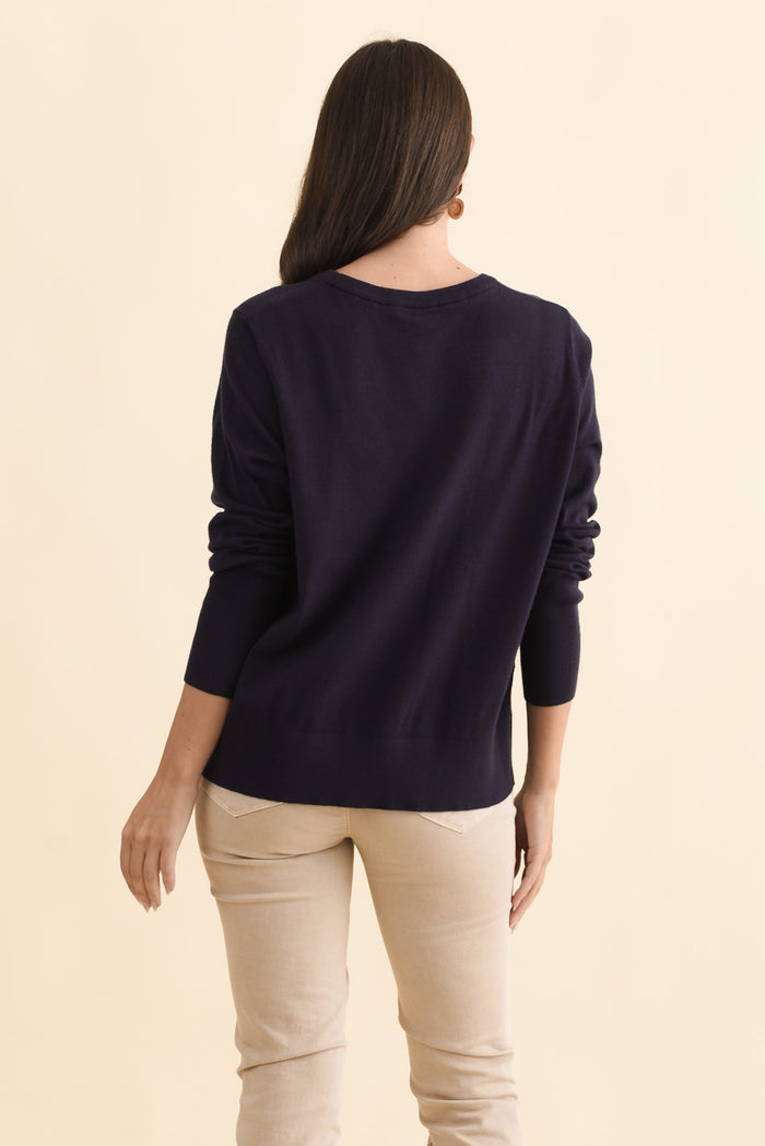Sunny Navy Long Sleeve Knit Top,Brunette model,alt text|model:MJ
