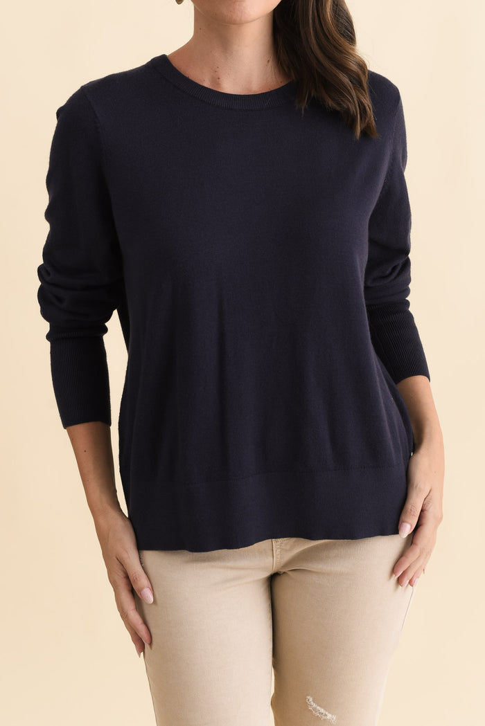 Sunny Navy Long Sleeve Knit Top,Brunette model,alt text|model:MJ