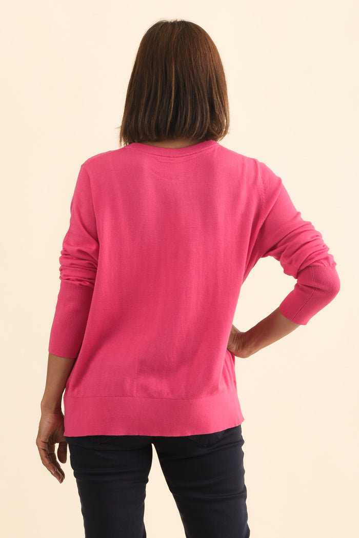 Sunny Pink Long Sleeve Knit Top,Brunette model,alt text|model:Cara