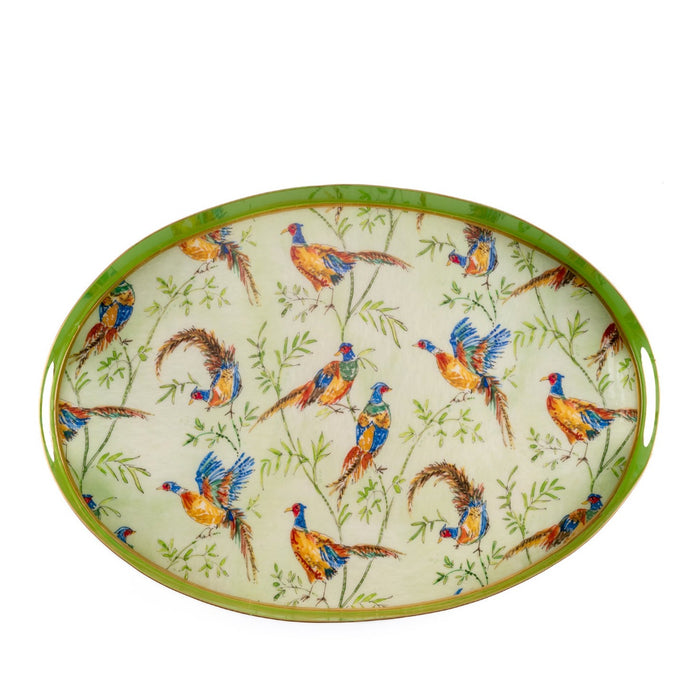Oval enameled tray with a colorful pheasant and bamboo motif, featuring a green rim and a 14 by 20-inch decorative design.