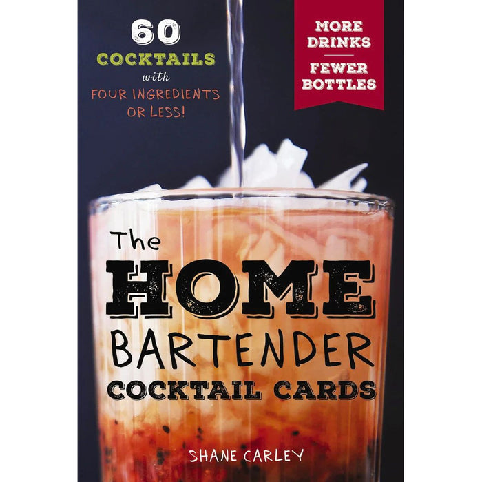 The Home Bartender cocktail card deck cover featuring a vibrant drink being poured into an ice-filled glass.
