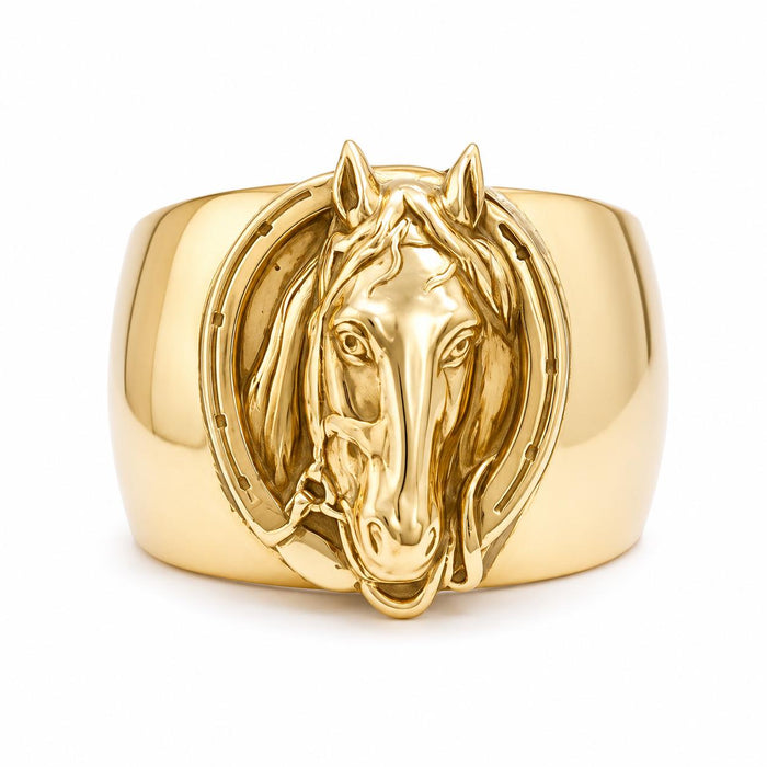 Adjustable brass cuff bracelet featuring a detailed horse head and horseshoe design in a polished gold finish.