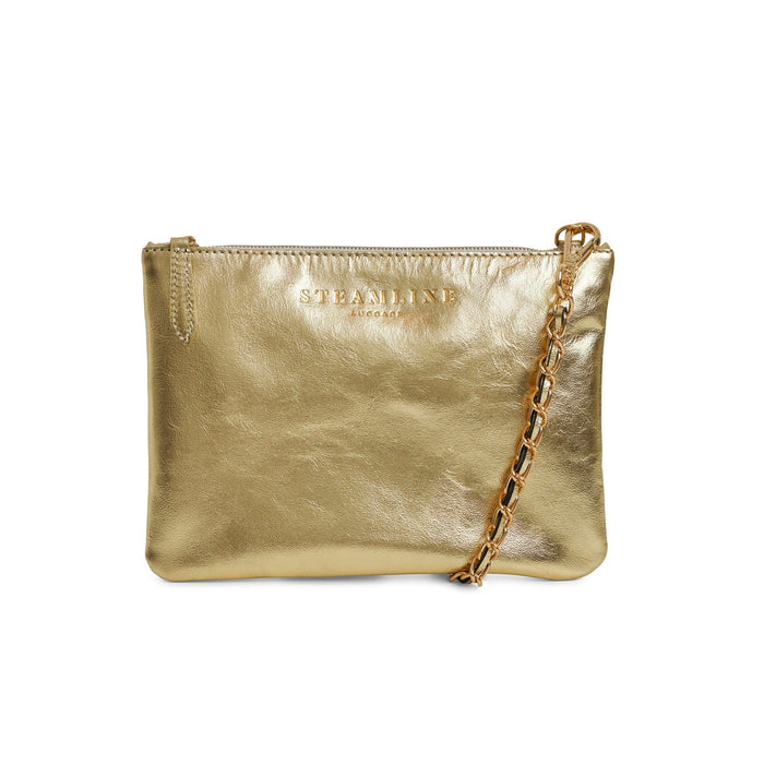 Front view of the Navigator leather crossbody in gold with gold trims and chain strap