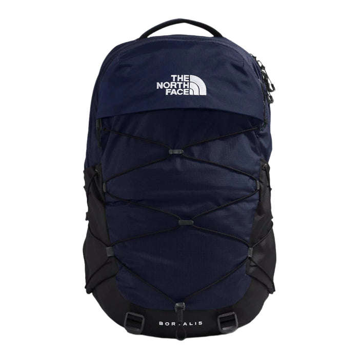 Navy blue The North Face Borealis backpack with front bungee cord system, white logo, and black base accents.