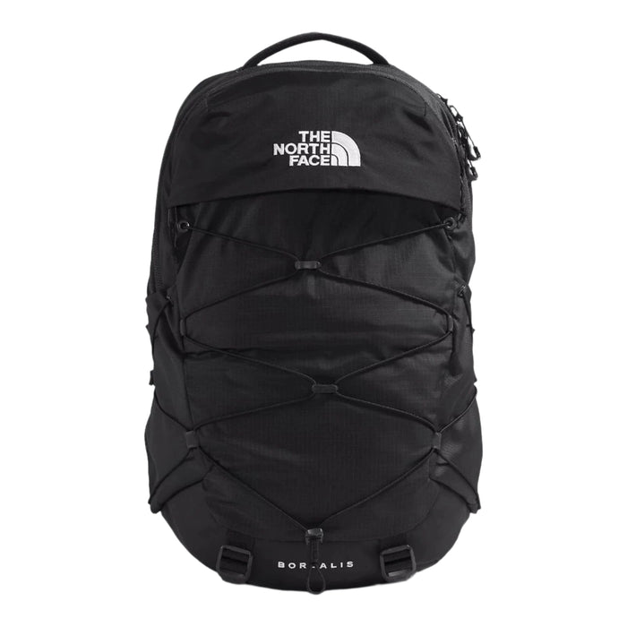 Black The North Face Borealis backpack featuring iconic front bungee straps and white logo branding on a durable fabric.