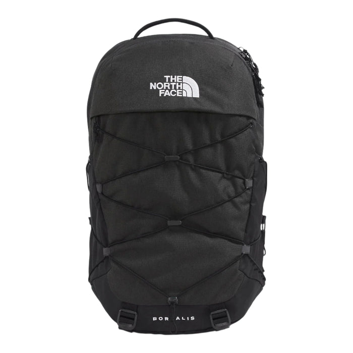 Black The North Face Borealis backpack featuring front bungee storage, top handle, and white logo on durable fabric.