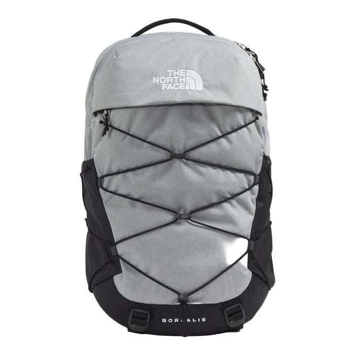 Light grey The North Face Borealis backpack with black bungee cords, side panels, and white logo on a white background.