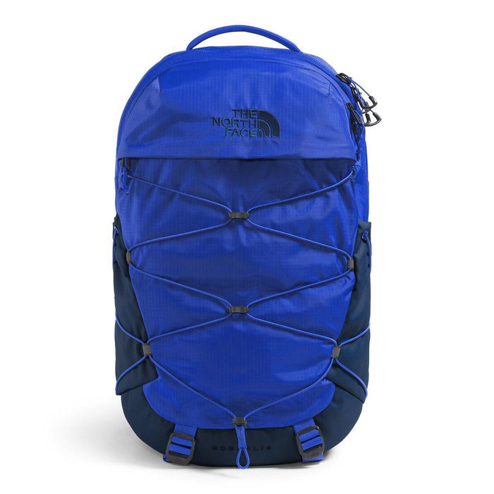 Bright blue The North Face Borealis backpack with iconic front bungee system, dark blue accents, and top carry handle.