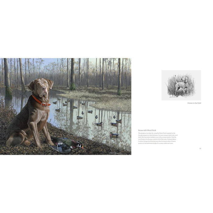 Book spread featuring a chocolate lab painting by David Lanier, with a smaller sketch of a pointer in the field.