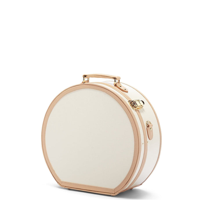 Angled product view of the large hatbox Sweetheart fibreboard suitcase in cream