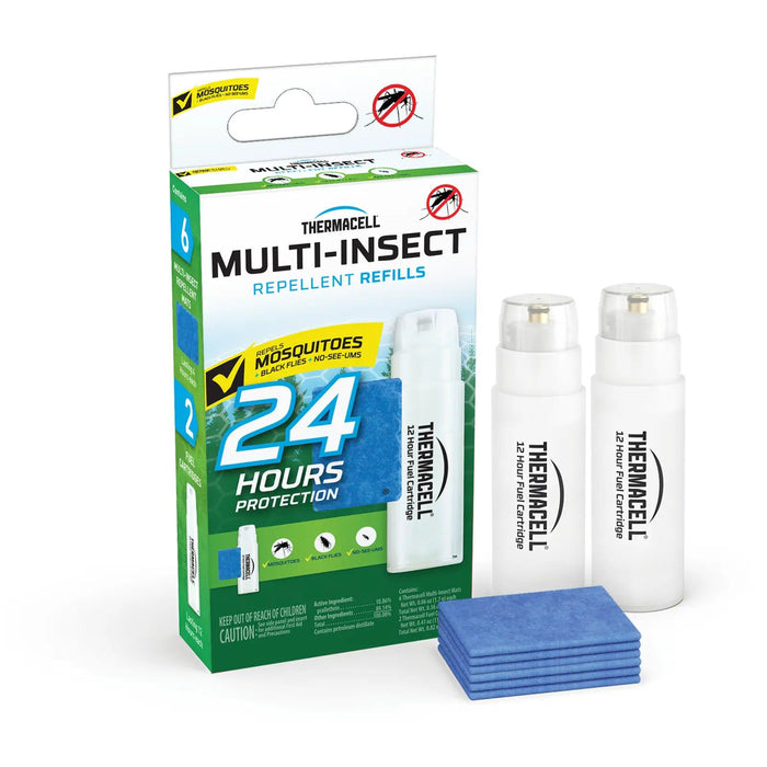 Thermacell 24-hour insect repellent refill kit with two white fuel cartridges and six blue repellent mats in packaging.