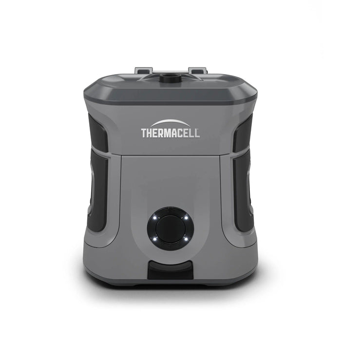 Gray Thermacell EX90 rechargeable mosquito repeller with a rugged rubberized design and glowing LED status indicators.