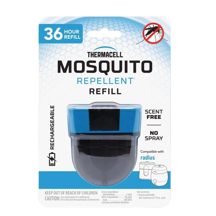 Thermacell 36-hour rechargeable mosquito repellent refill cartridge in blue and black packaging.