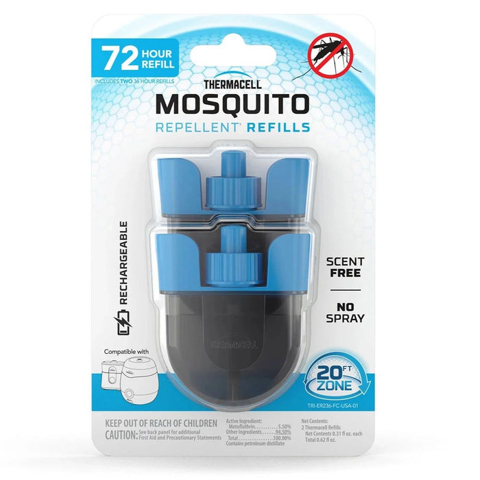 Two blue and black Thermacell rechargeable mosquito repellent refills in a 72-hour blister pack for 20-foot zone protection.
