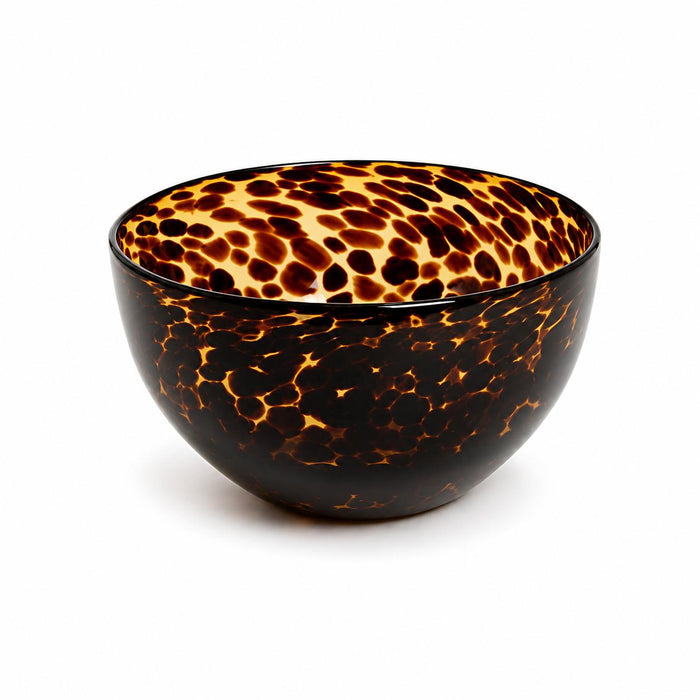 Elegant 8-inch glass bowl featuring a rich brown and amber tortoise shell print pattern on a white background.