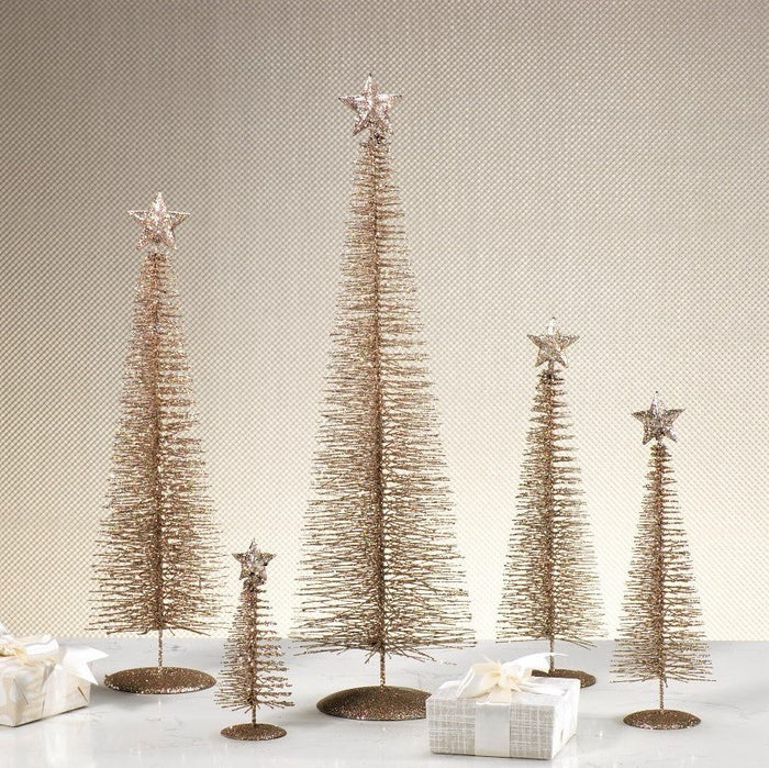 Set of five sparkling champagne-colored wire Christmas trees in varying heights, each topped with a matching star.