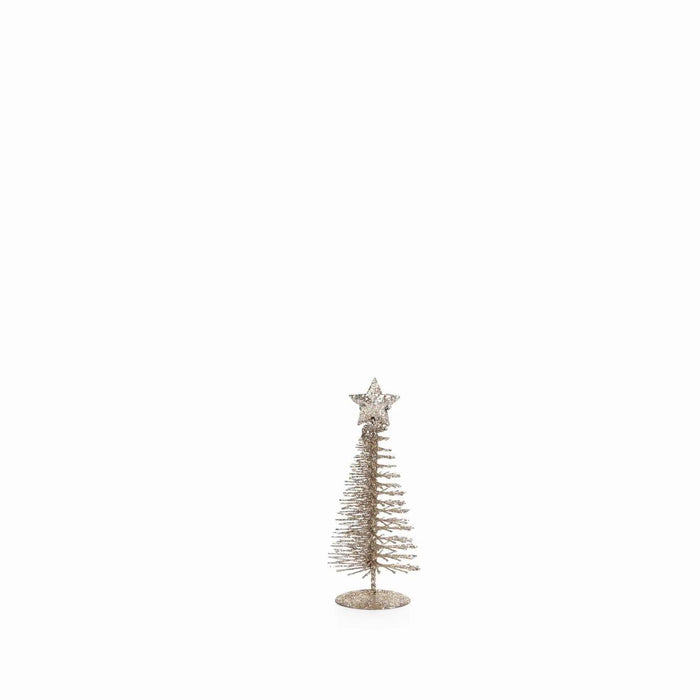Small Treasure Mountain champagne-colored Christmas tree with a star topper and sparkling finish on a round base.