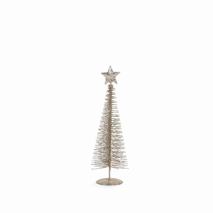 Treasure Mountain champagne-colored wire Christmas tree with a sparkling star topper on a round base.