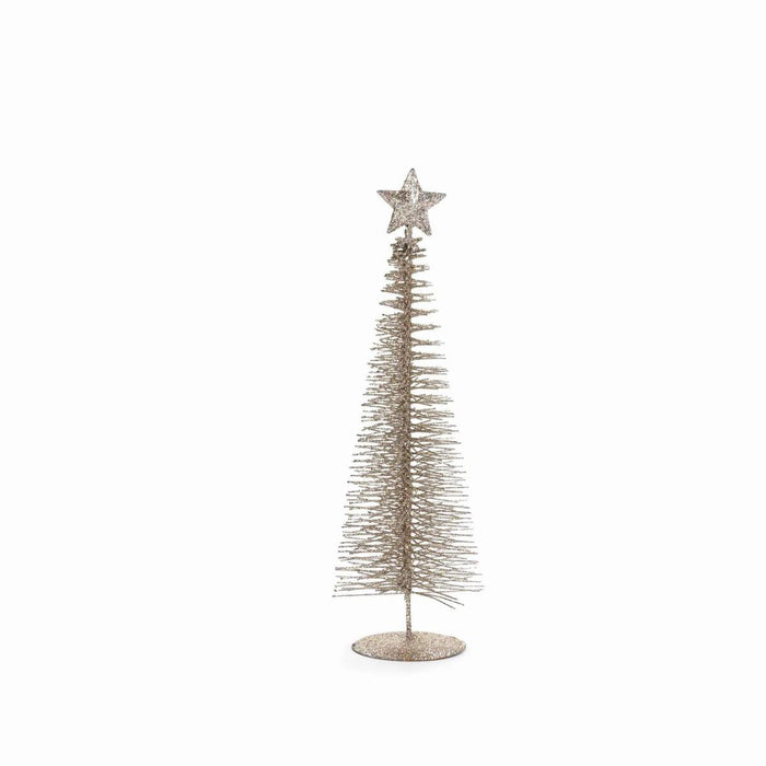 Sparkling champagne-colored Treasure Mountain tree with a star topper on a round base for elegant holiday tabletop decor.