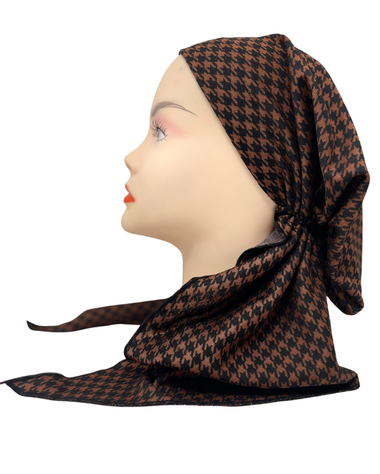 Triple Up BUL1048 Caramel &amp; Black Houndstooth Print Unlined Pre-Tied Bandanna Myselflingerie.com