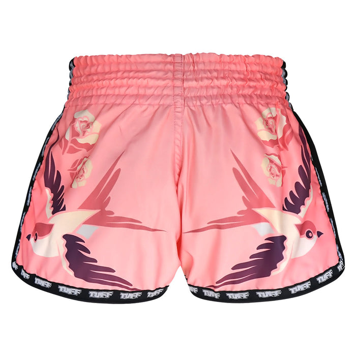TUFF Muay Thai Boxing Shorts Pink Retro Style Birds and Roses Vintage Drawing