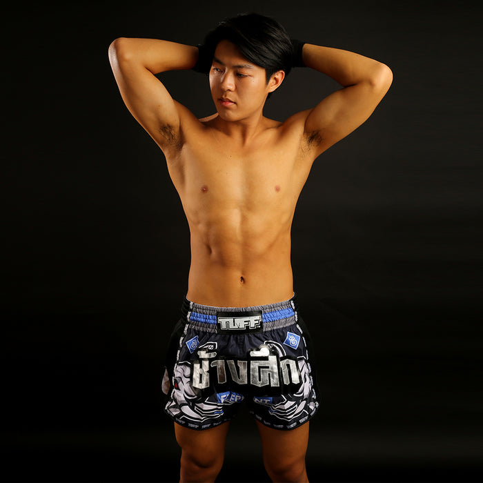 TUFF Muay Thai Boxing Shorts Retro Style Blue War Elephant