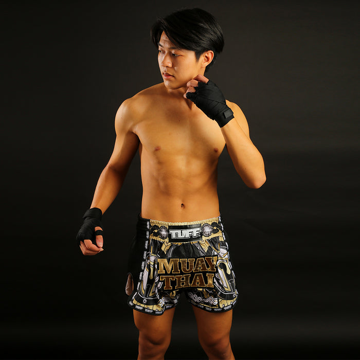 TUFF Muay Thai Boxing Shorts Retro Style Golden Gladiator in Black