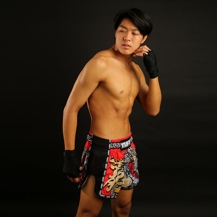 TUFF Muay Thai Boxing Shorts Retro Style Red Chinese Dragon