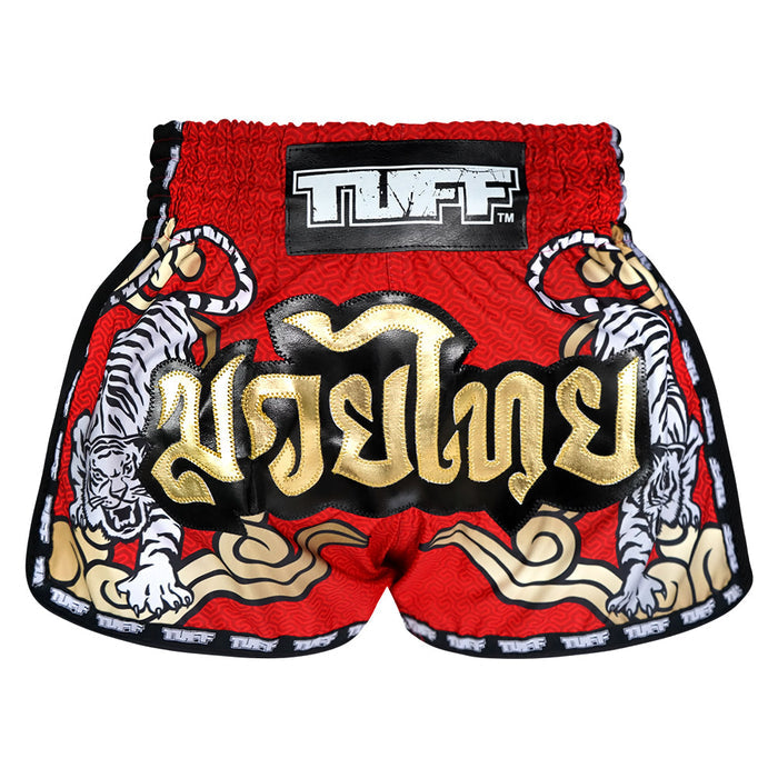 TUFF Muay Thai Boxing Shorts Retro Style Red Twin Tiger With Gold Text