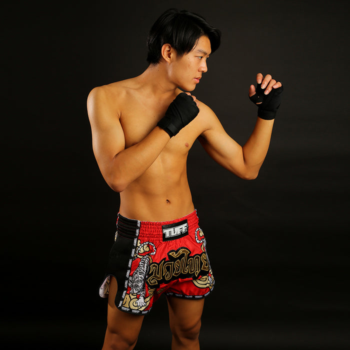 TUFF Muay Thai Boxing Shorts Retro Style Red Twin Tiger With Gold Text