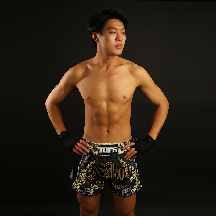 TUFF Muay Thai Boxing Shorts Retro Style The King Of Naga Black