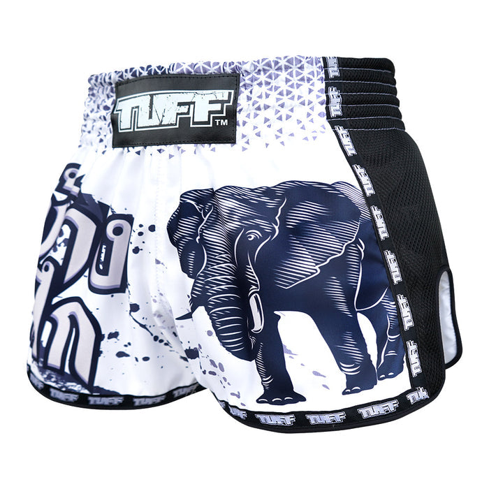 TUFF Muay Thai Boxing Shorts Retro Style White War Elephant