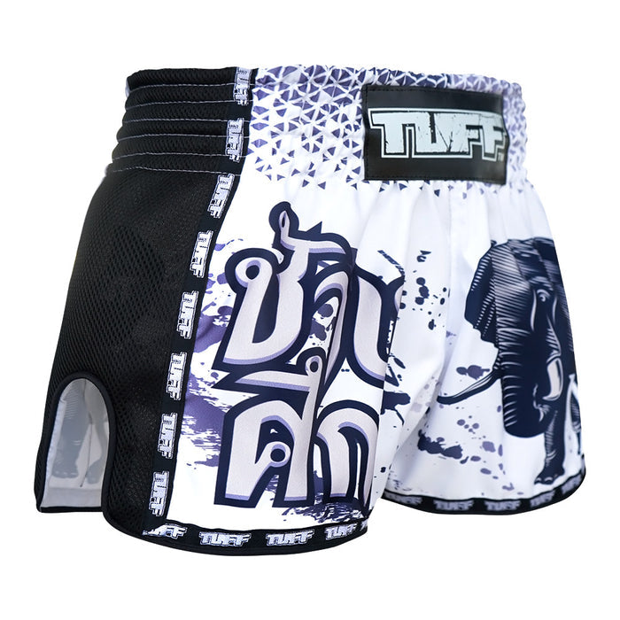 TUFF Muay Thai Boxing Shorts Retro Style White War Elephant