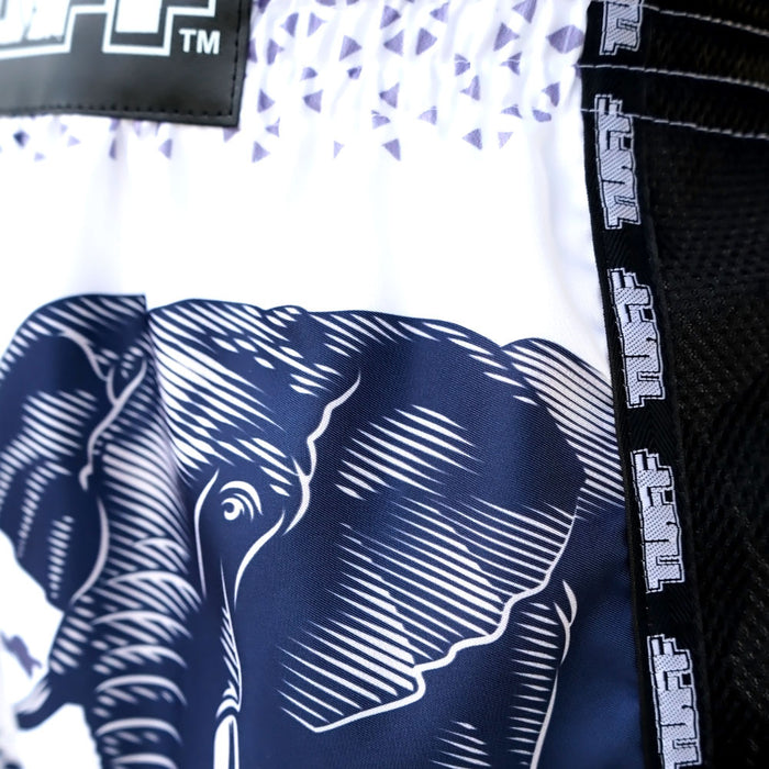 TUFF Muay Thai Boxing Shorts Retro Style White War Elephant
