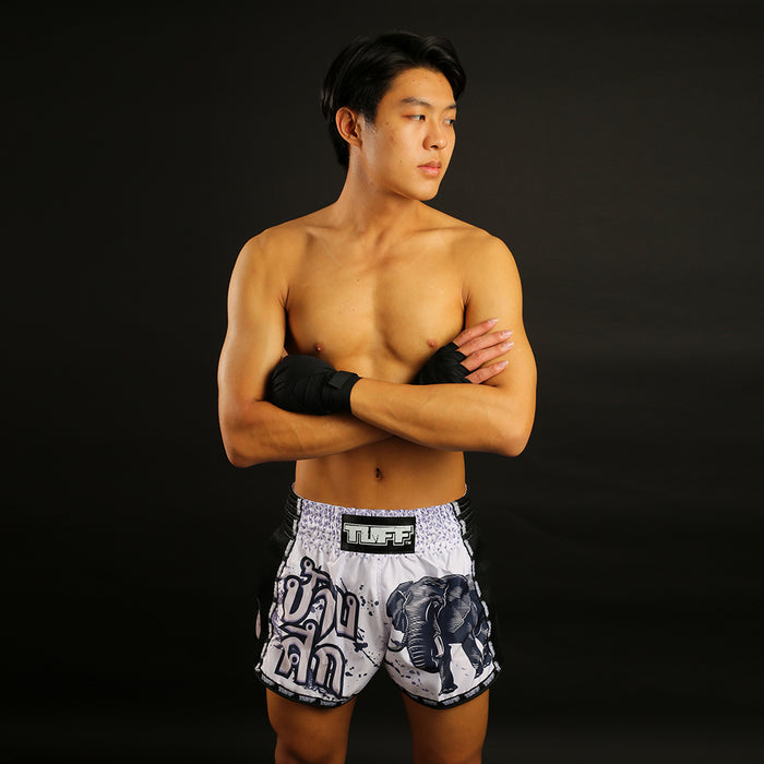 TUFF Muay Thai Boxing Shorts Retro Style White War Elephant