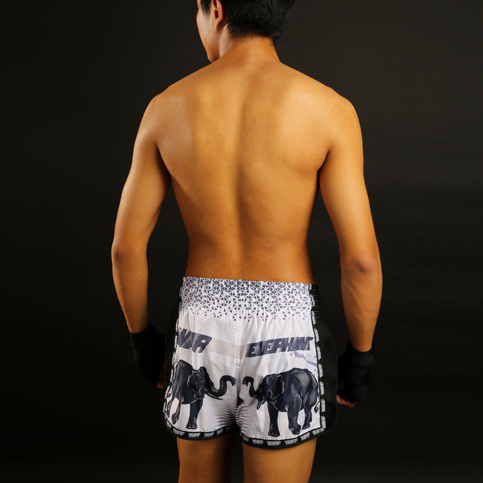 TUFF Muay Thai Boxing Shorts Retro Style White War Elephant