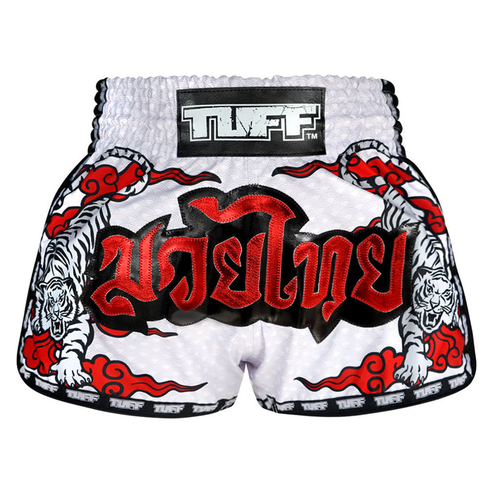 TUFF Muay Thai Boxing Shorts White Retro Style Double Tiger With Red Text