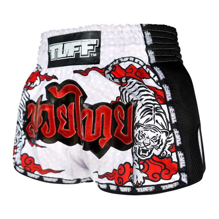 TUFF Muay Thai Boxing Shorts White Retro Style Double Tiger With Red Text