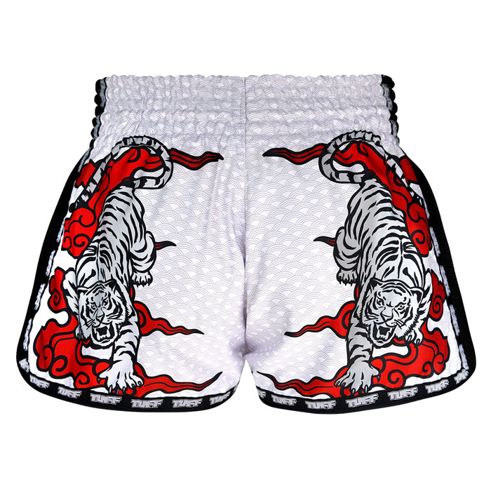 TUFF Muay Thai Boxing Shorts White Retro Style Double Tiger With Red Text