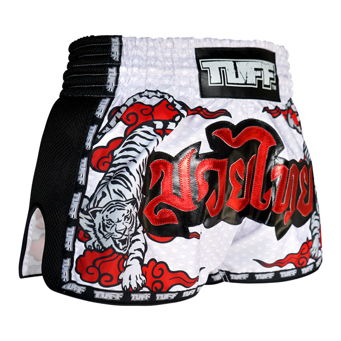 TUFF Muay Thai Boxing Shorts White Retro Style Double Tiger With Red Text