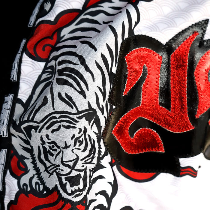 TUFF Muay Thai Boxing Shorts White Retro Style Double Tiger With Red Text