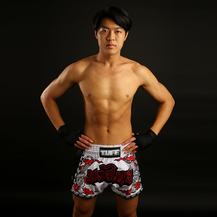 TUFF Muay Thai Boxing Shorts White Retro Style Double Tiger With Red Text