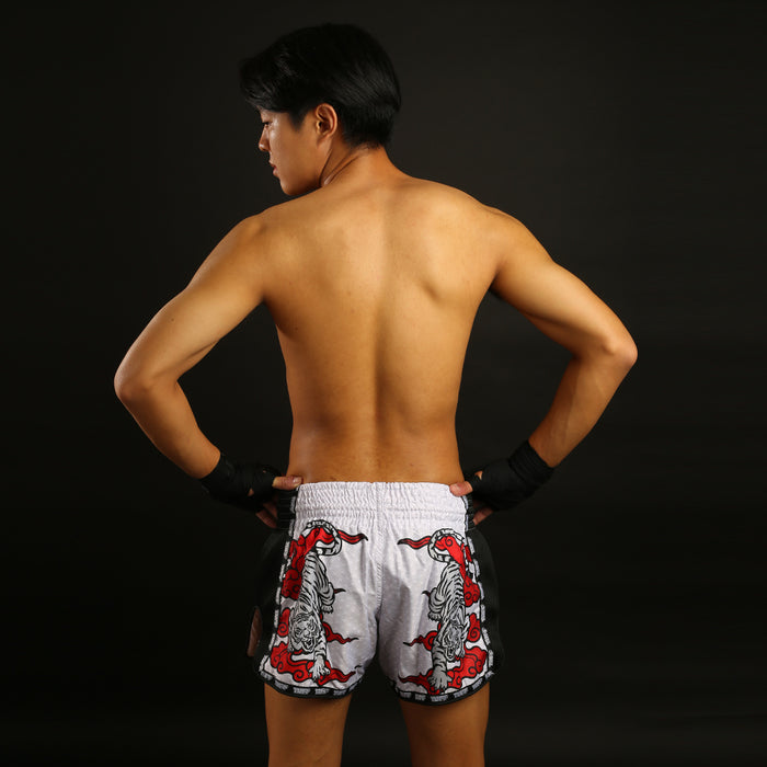 TUFF Muay Thai Boxing Shorts White Retro Style Double Tiger With Red Text