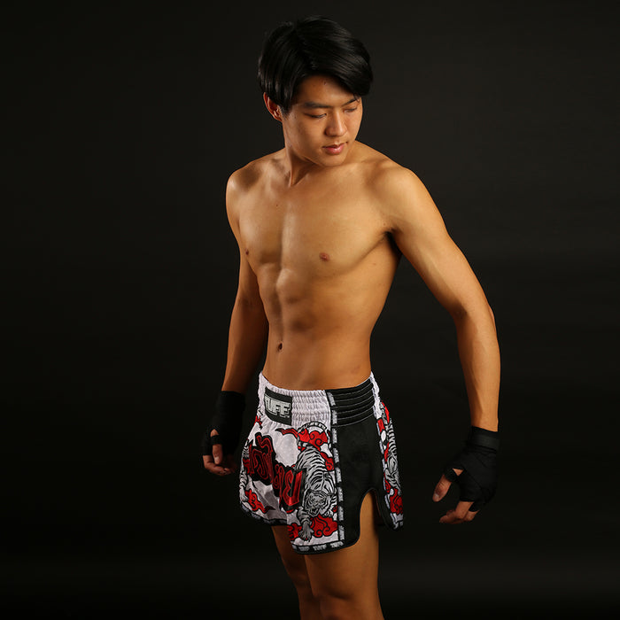 TUFF Muay Thai Boxing Shorts White Retro Style Double Tiger With Red Text