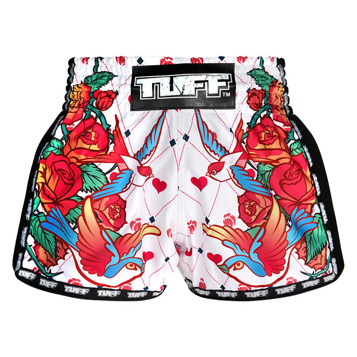 TUFF Muay Thai Boxing Shorts White Retro Style Rose With Birds
