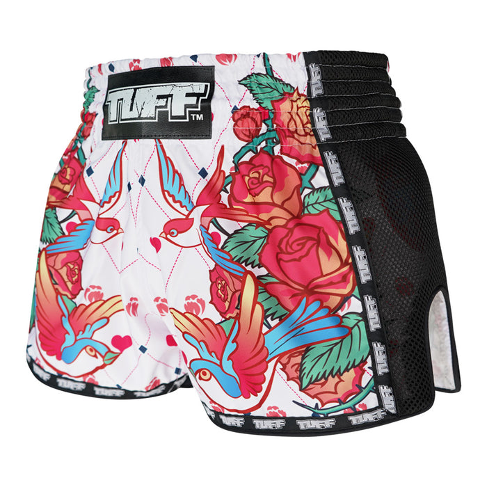 TUFF Muay Thai Boxing Shorts White Retro Style Rose With Birds