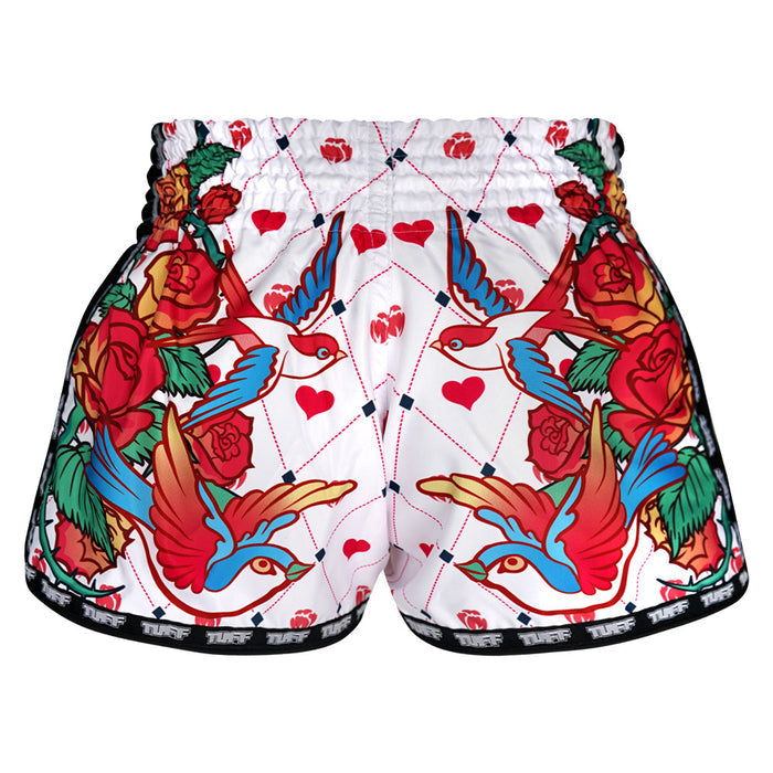 TUFF Muay Thai Boxing Shorts White Retro Style Rose With Birds