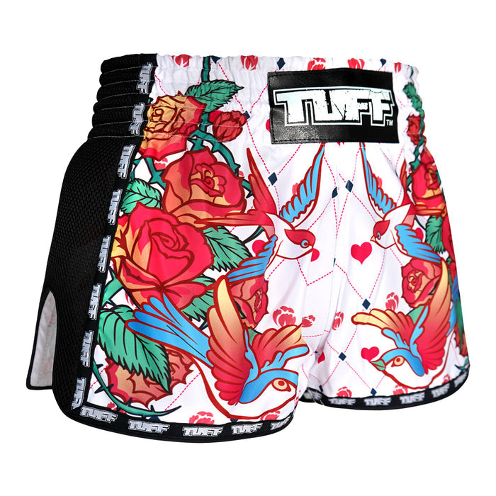 TUFF Muay Thai Boxing Shorts White Retro Style Rose With Birds