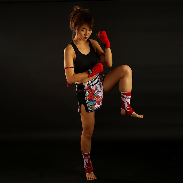 TUFF Muay Thai Boxing Shorts White Retro Style Rose With Birds